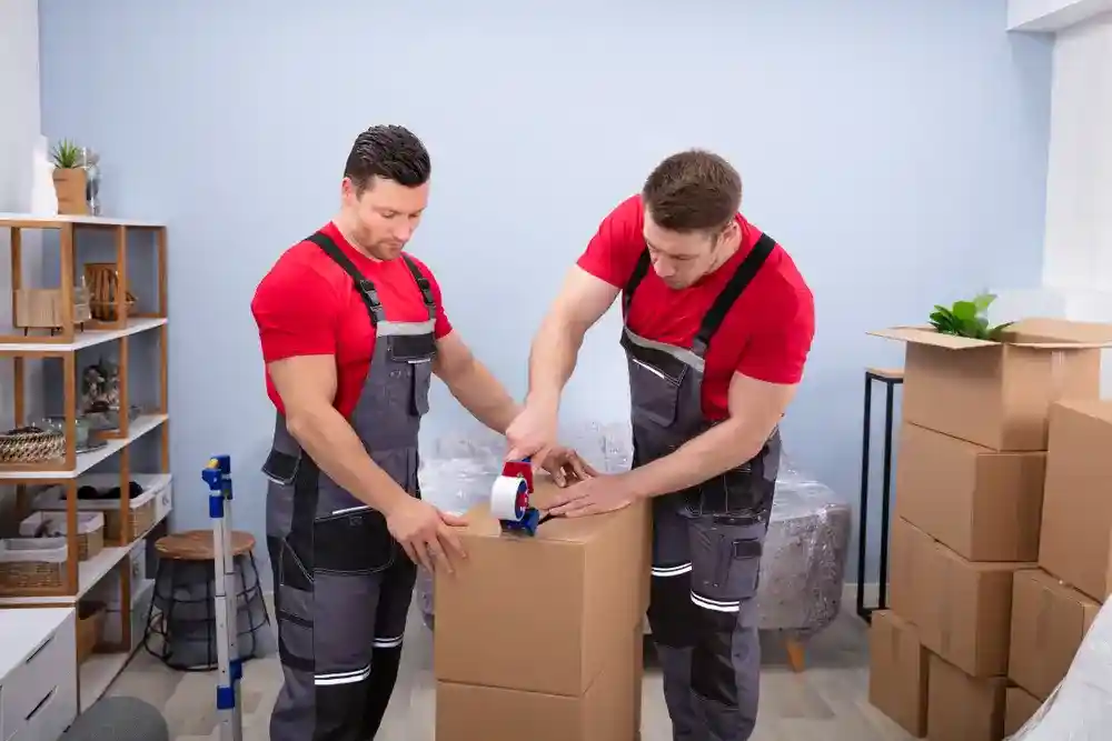 Young and skilled movers packing household items with care.